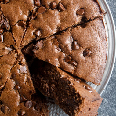 Moist, basic chocolate cake with lots of melty chocolate chips