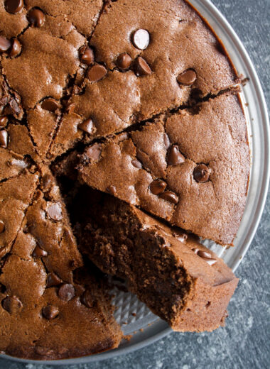 Moist, basic chocolate cake with lots of melty chocolate chips