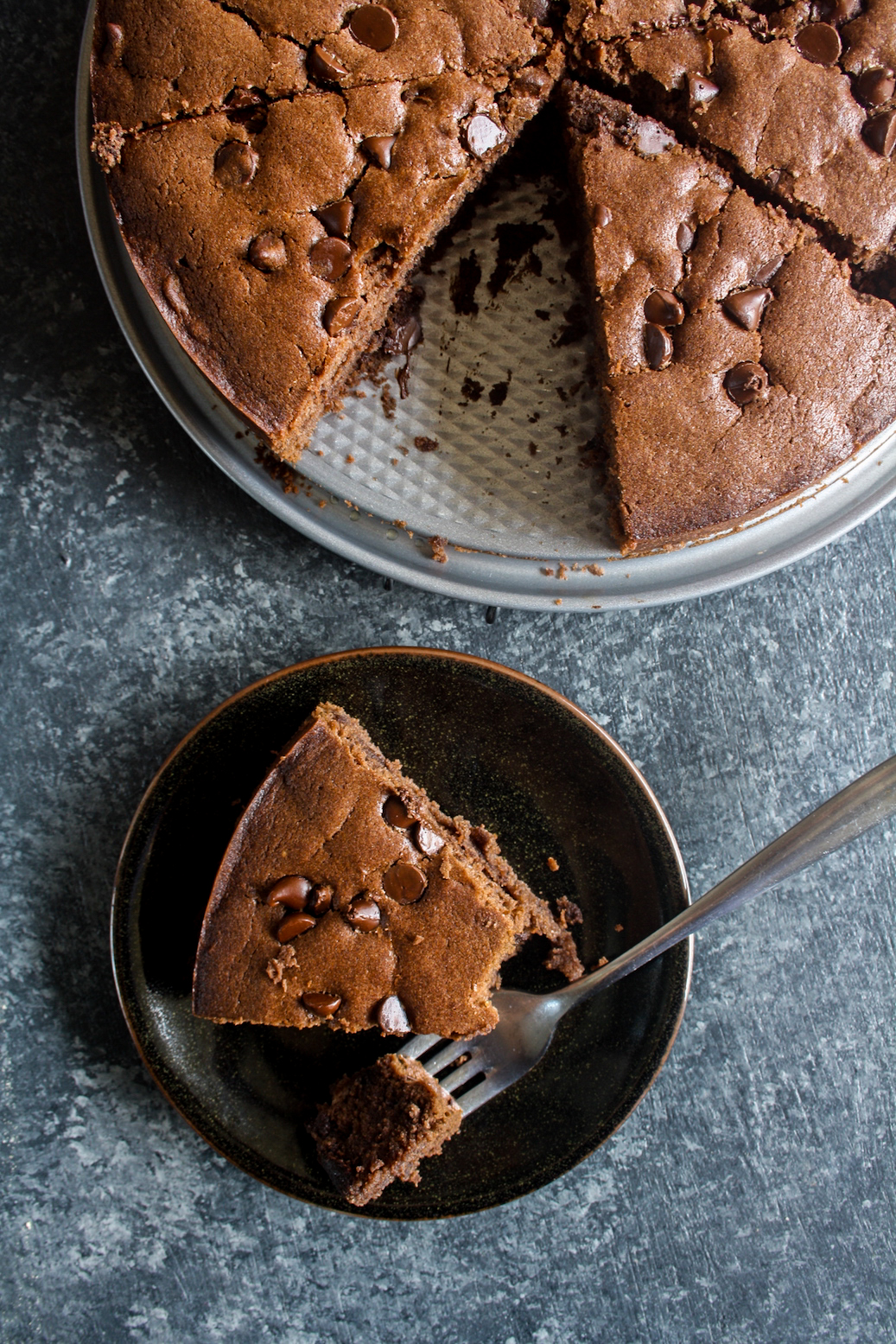 Moist, basic chocolate cake with lots of melty chocolate chips