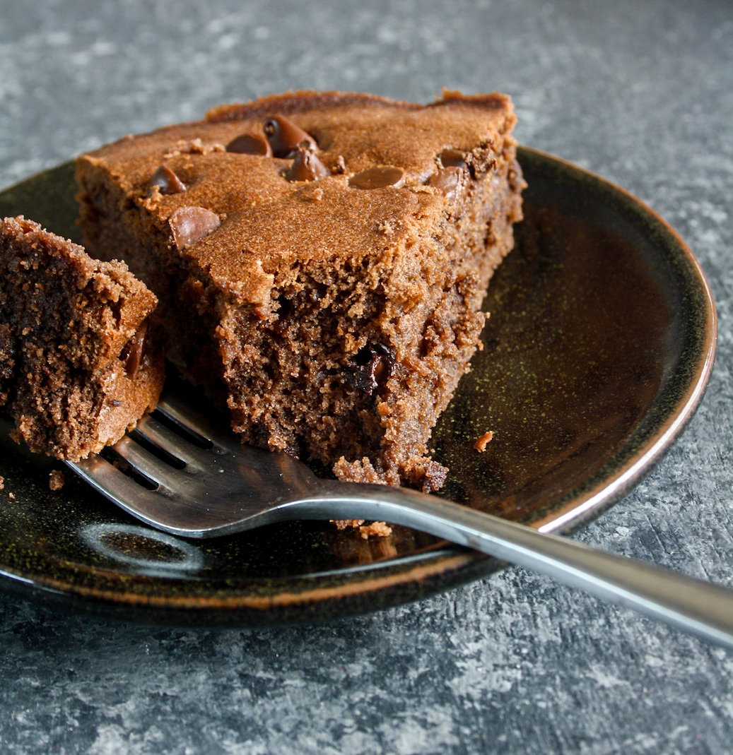 Moist, basic chocolate cake with lots of melty chocolate chips