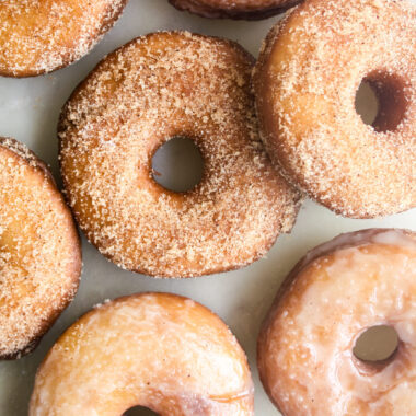 Homemade, eggless, yeasted fried donuts, glazed or cinnamon.