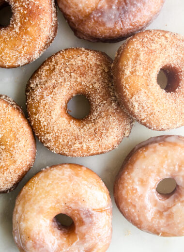 Homemade, eggless, yeasted fried donuts, glazed or cinnamon.