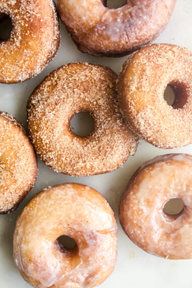 Homemade, eggless, yeasted fried donuts, glazed or cinnamon.