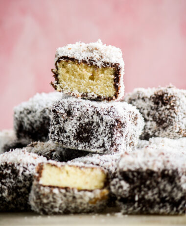 Soft sponge cake coated in dark chocolate and desiccated coconut