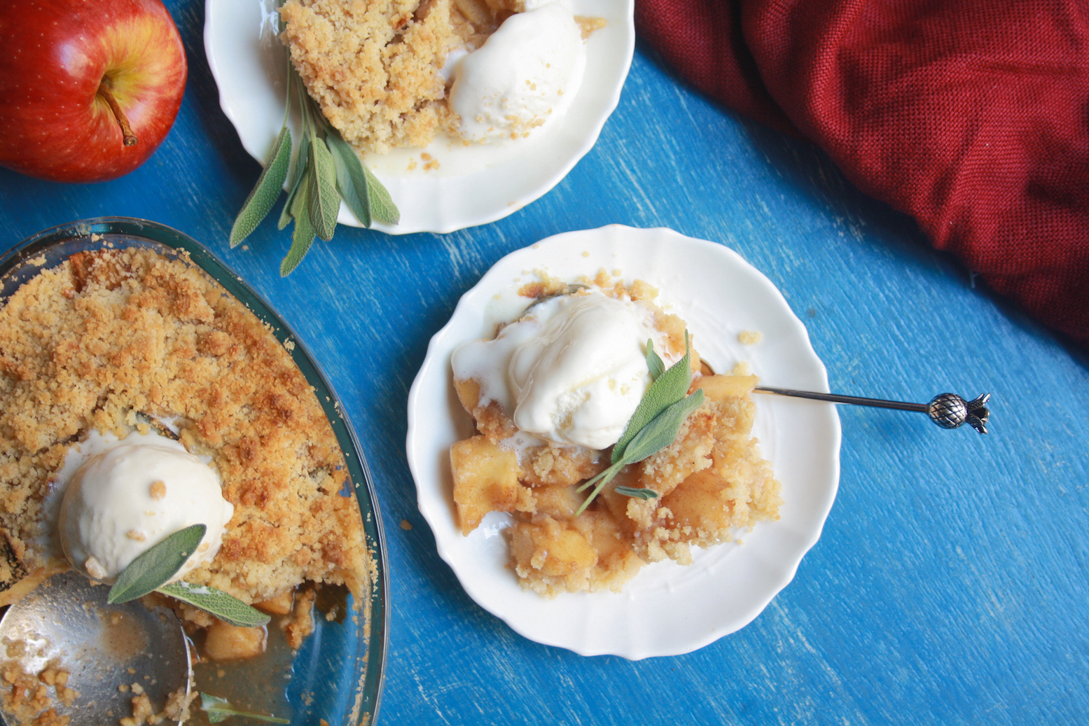 Classic apple crumble taken up a notch with the subtle, floral aroma of fresh sage leaves!