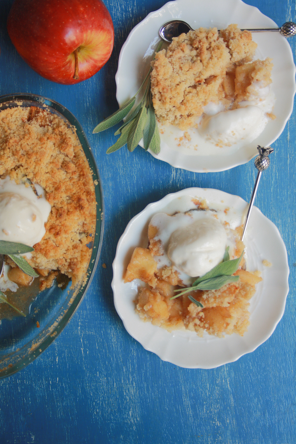 Classic apple crumble taken up a notch with the subtle, floral aroma of fresh sage leaves!