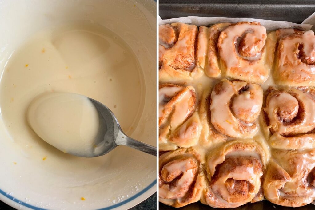Fluffy eggless cinnamon rolls made with fresh orange, topped with an orange glaze!