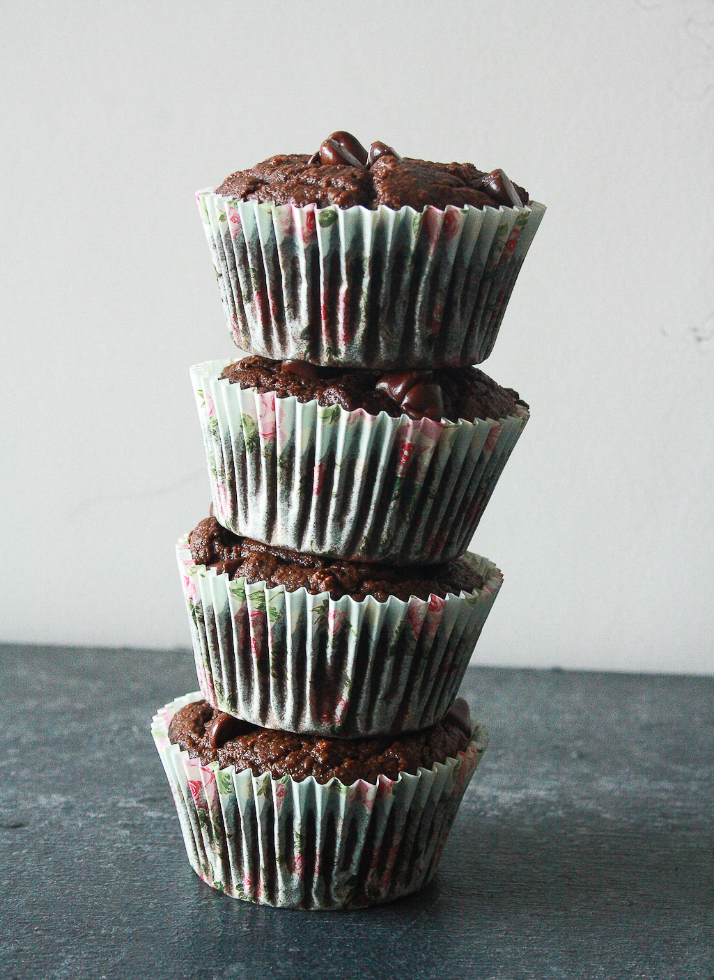 Soft, moist, almost healthy chocolate chip muffins made with coconut flour!