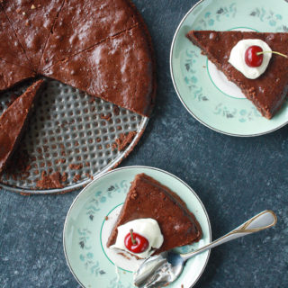 Moist and fudgy gluten-free cake made with buckwheat flour and hazelnuts