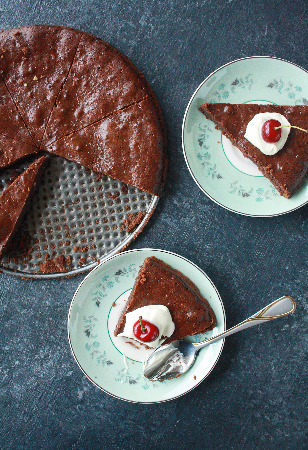 Moist and fudgy gluten-free cake made with buckwheat flour and hazelnuts