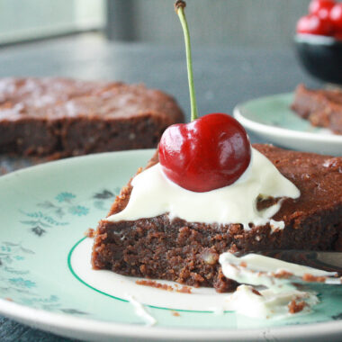 Moist and fudgy gluten-free cake made with buckwheat flour and hazelnuts