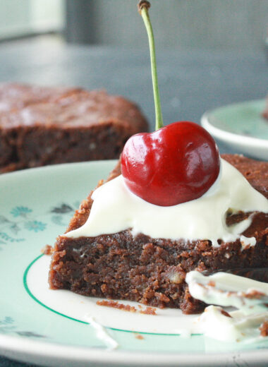 Moist and fudgy gluten-free cake made with buckwheat flour and hazelnuts