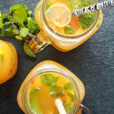 Refreshing lemonade made with fresh peaches and honey!