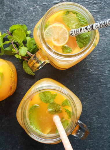 Refreshing lemonade made with fresh peaches and honey!