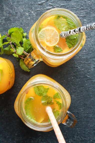 Refreshing lemonade made with fresh peaches and honey!