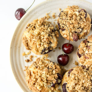 Simple, eggless, buttery cakes topped with fresh cherries and brown sugar streusel!