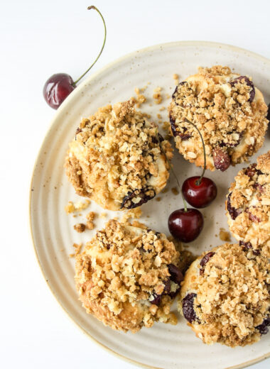 Simple, eggless, buttery cakes topped with fresh cherries and brown sugar streusel!