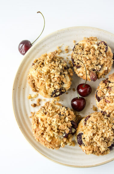 Simple, eggless, buttery cakes topped with fresh cherries and brown sugar streusel!
