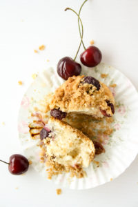 Simple, eggless, buttery cakes topped with fresh cherries and brown sugar streusel!