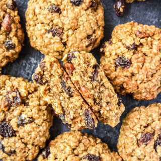 Soft and chewy spiced oatmeal raisin cookies with toasted walnuts!