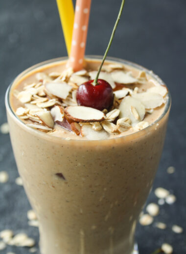 A thick, fruity, filling smoothie with fresh peaches and rolled oats!