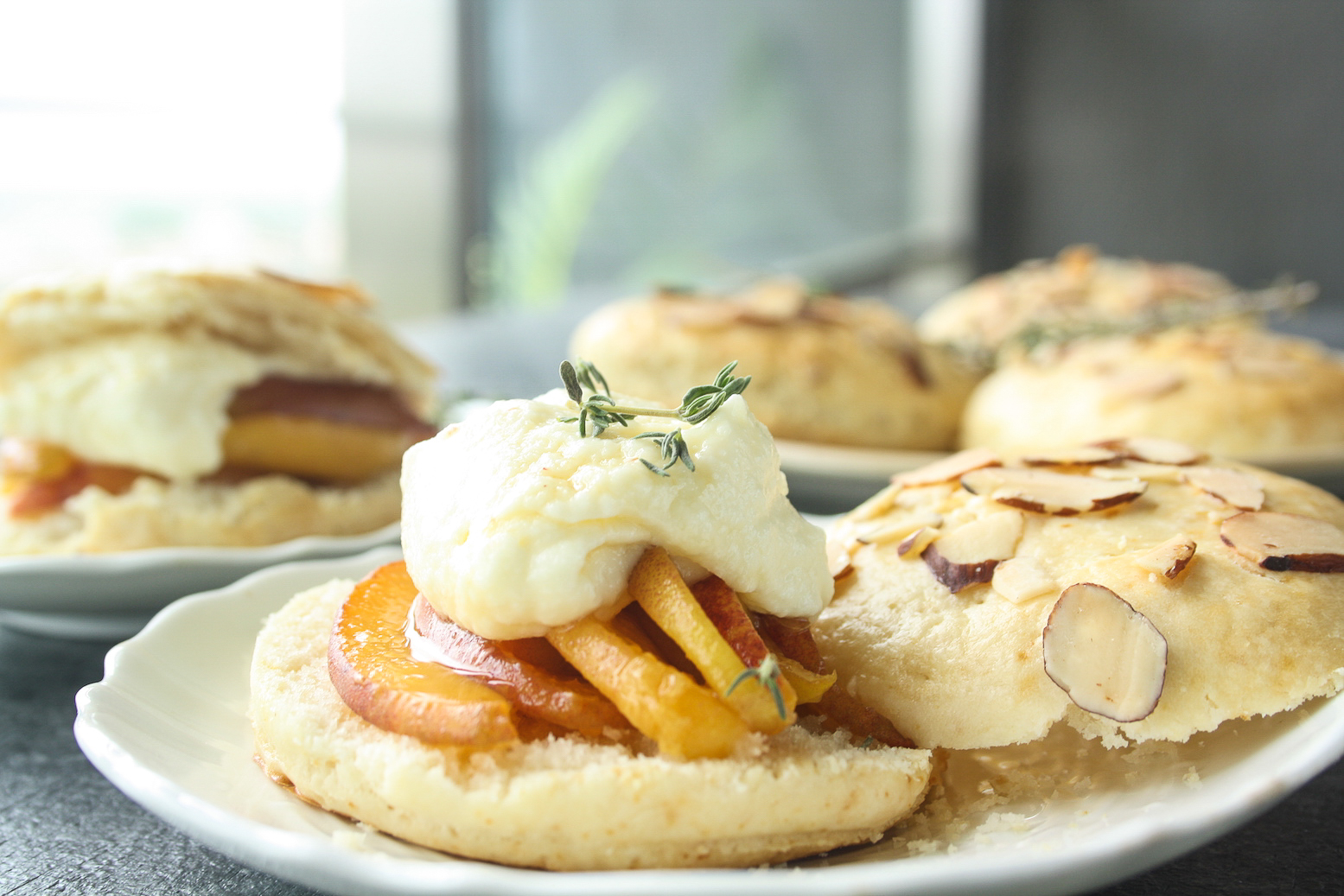Tender, buttery shortcakes with honey thyme peaches and creamy mascarpone!