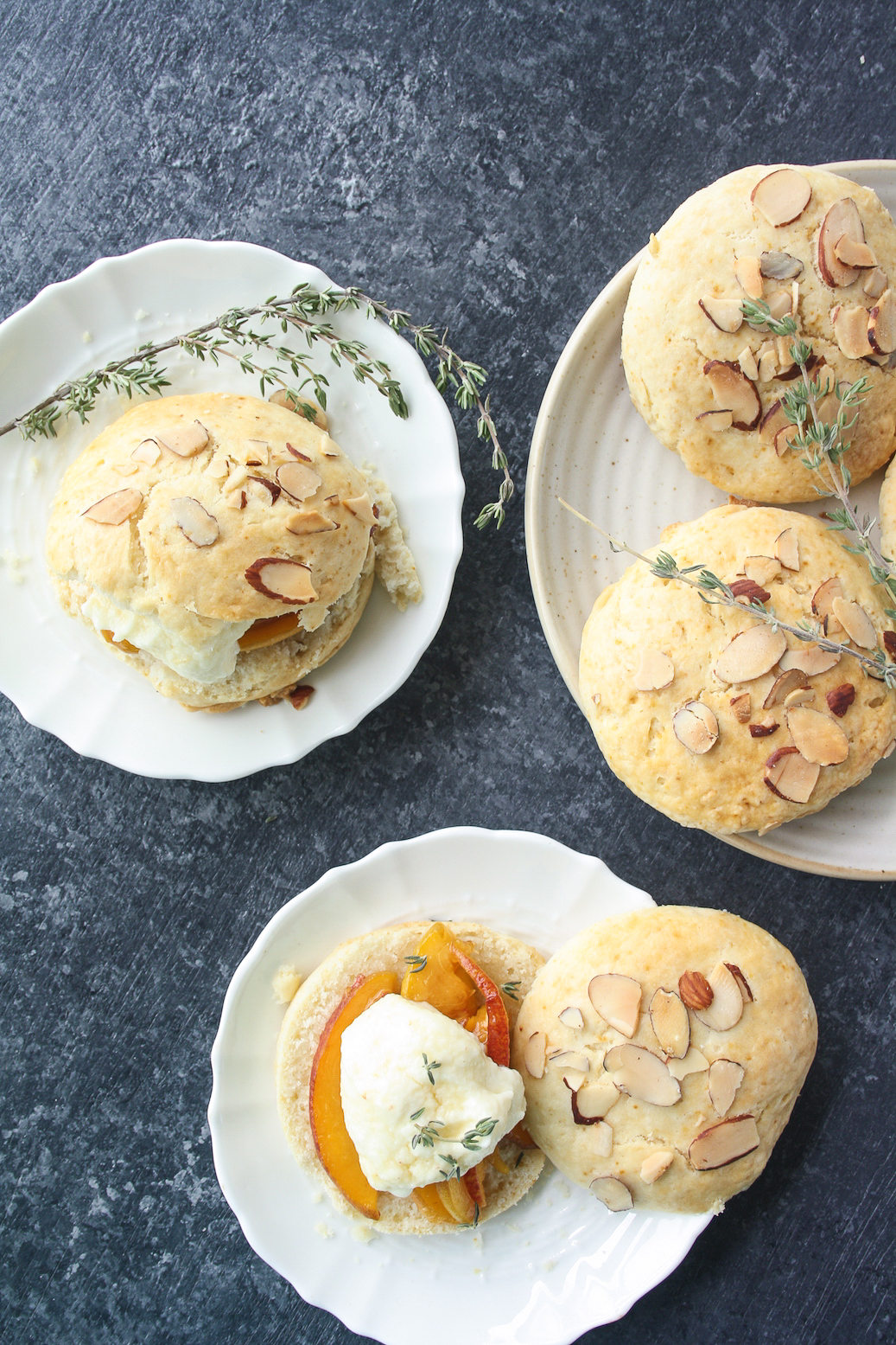 Tender, buttery shortcakes with honey thyme peaches and creamy mascarpone!