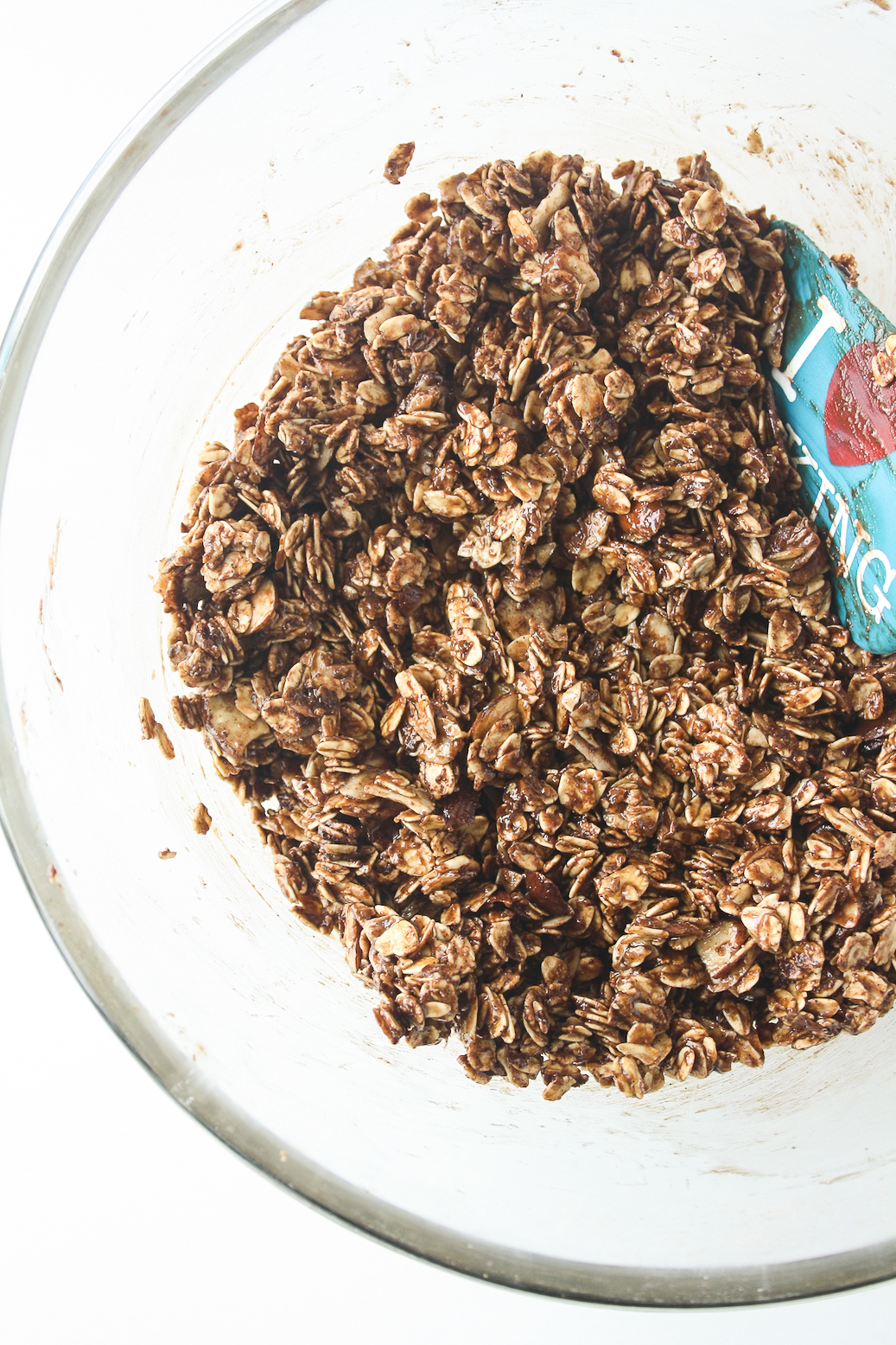 Crispy, chocolate granola with peanut butter and almonds. Gluten-free and easily vegan!