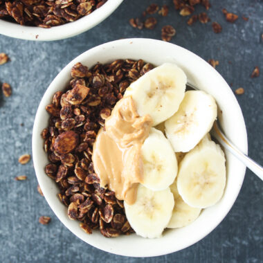 Crispy, chocolate granola with peanut butter and almonds. Gluten-free and easily vegan!