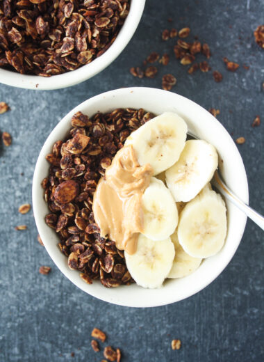 Crispy, chocolate granola with peanut butter and almonds. Gluten-free and easily vegan!