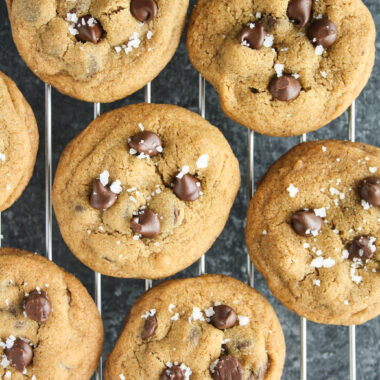 Chewy buttery chocolate chip cookies with vanilla bean, coffee and lots of sea salt!