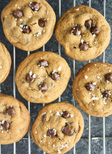 Chewy buttery chocolate chip cookies with vanilla bean, coffee and lots of sea salt!