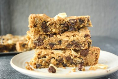 Chewy, buttery, sweet salty cookie bars filled with crushed potato chips and lots of chocolate chips!