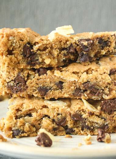 Chewy, buttery, sweet salty cookie bars filled with crushed potato chips and lots of chocolate chips!