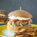 Hearty burgers with sweet potato, quinoa and kidney beans, topped with a light and creamy tzatziki