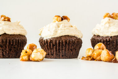 Tender chocolate cupcakes topped with a creamy hazelnut praline frosting!