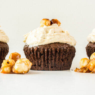 Tender chocolate cupcakes topped with a creamy hazelnut praline frosting!