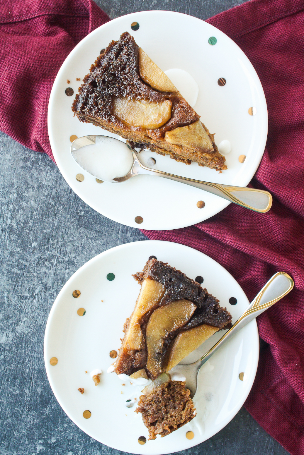 A moist pear upside-down cake with orange zest, ginger and molasses!