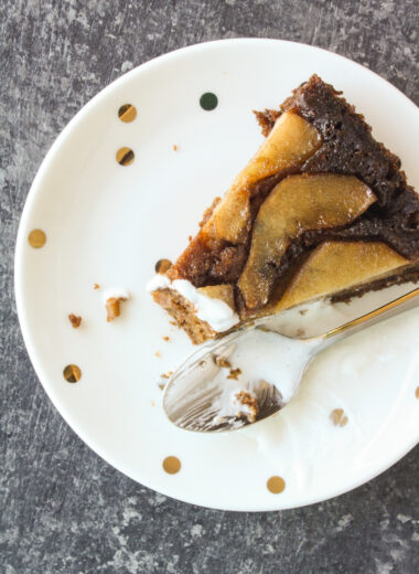 A moist pear upside-down cake with orange zest, ginger and molasses!