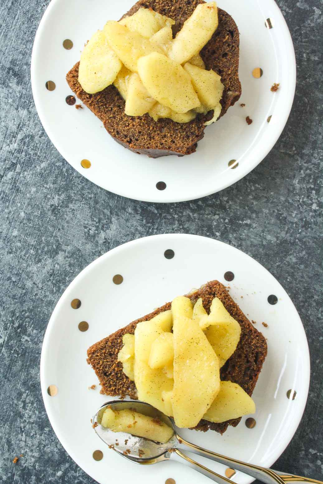 Moist, warmly spiced gingerbread cake with buttery apples cooked in whiskey!