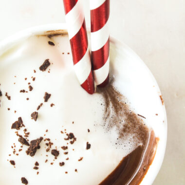 Creamy, rich, dark hot chocolate flavoured with orange zest and spiked with whiskey!