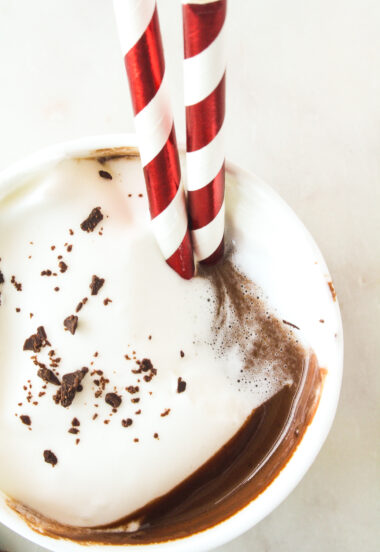 Creamy, rich, dark hot chocolate flavoured with orange zest and spiked with whiskey!