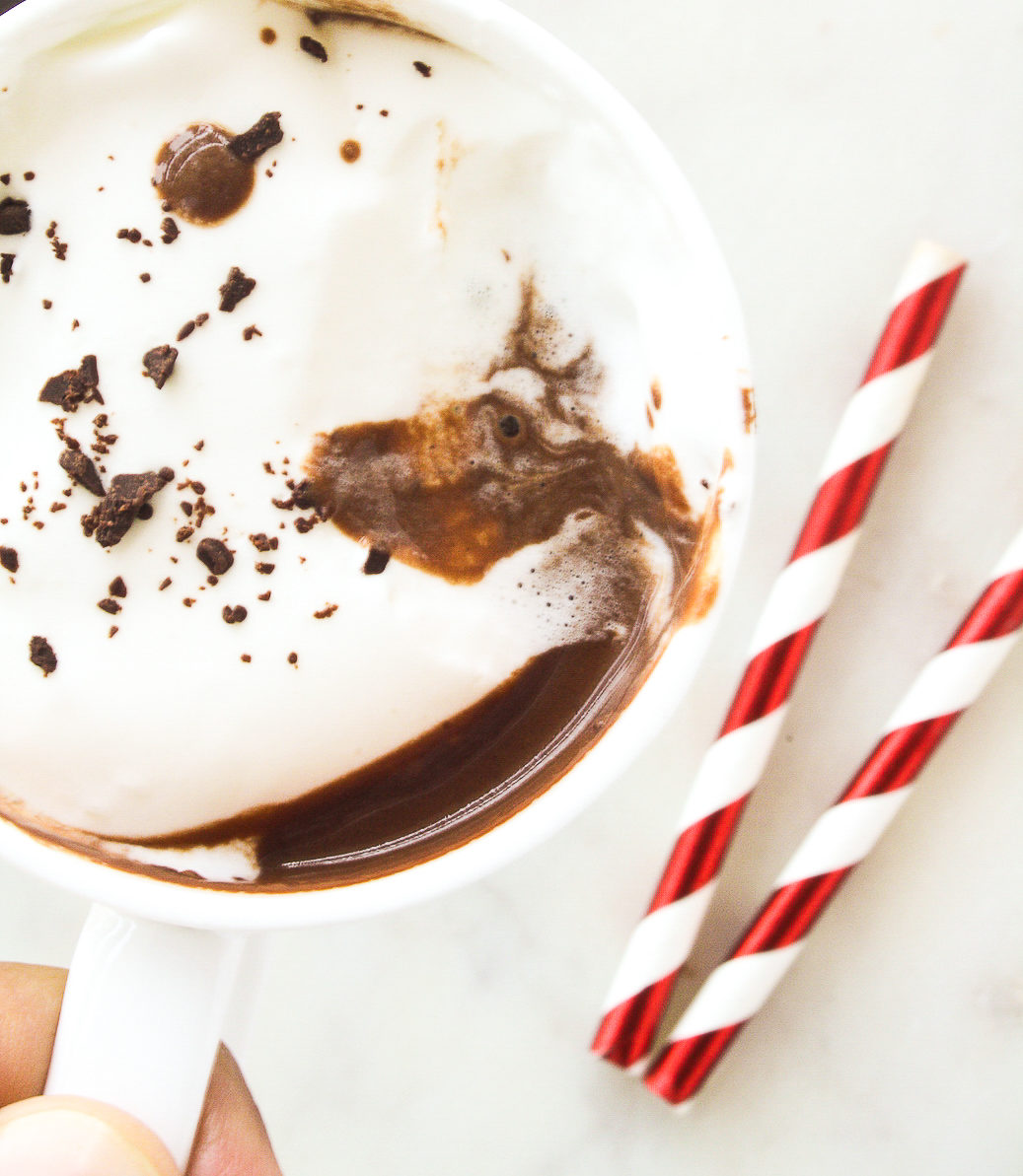 Creamy, rich, dark hot chocolate flavoured with orange zest and spiked with whiskey!