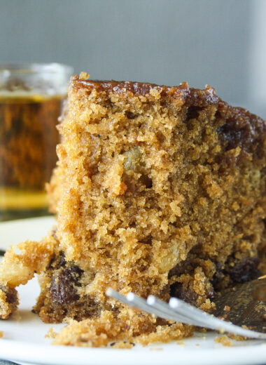 Moist and tender cake with whiskey-soaked raisins and a whiskey caramel glaze!