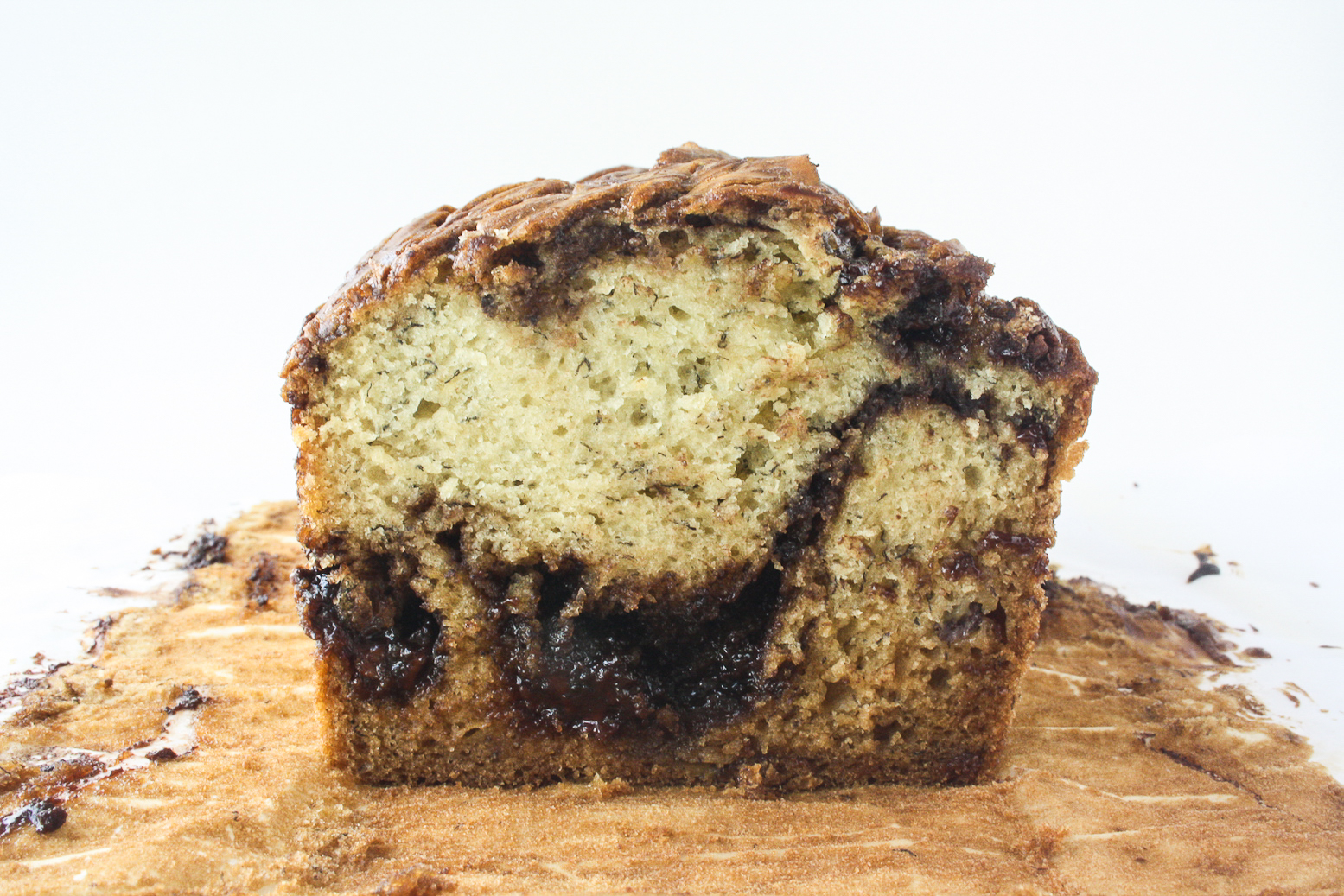 Moist and tender banana bread with lots of Nutella swirled through it!