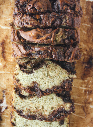 Moist and tender banana bread with lots of Nutella swirled through it!