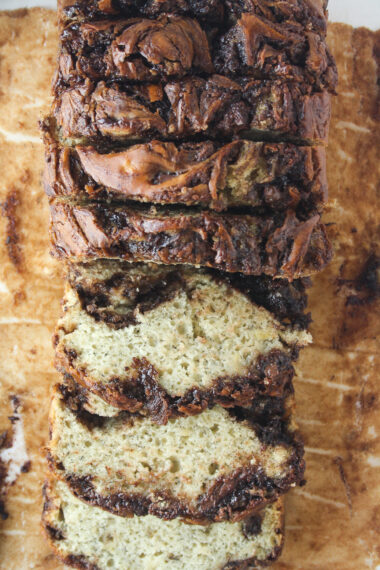 Moist and tender banana bread with lots of Nutella swirled through it!