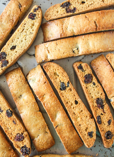 Classic crunchy biscotti infused with orange zest and lots of cranberries!