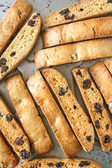 Classic crunchy biscotti infused with orange zest and lots of cranberries!