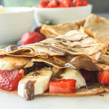 Super quick buckwheat crepes, easily made vegan, and filled with fresh fruit and nut butters!